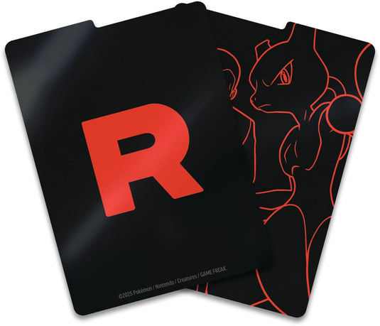 Destined Rivals - Elite Trainer Box card dividers with bold red Team Rocket 'R' and Mewtwo outline, perfect for organizing Pokémon cards.