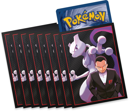 Set of 65 card sleeves from the Destined Rivals - Elite Trainer Box showcasing Mewtwo and Team Rocket leader artwork for Pokémon TCG.