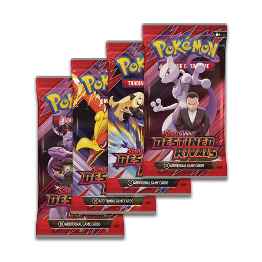 Set of four Destined Rivals - Booster Packs from Pokémon Scarlet & Violet, each with unique character artwork and 10 collectible gaming cards.