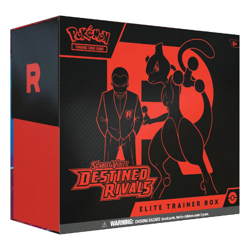 Destined Rivals - Elite Trainer Box featuring Mewtwo and Team Rocket leader design, ideal for Pokémon TCG collectors and players.