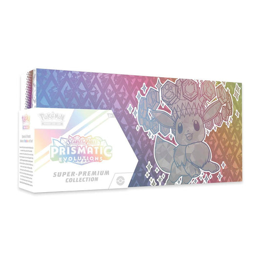 Prismatic Evolutions - Super Premium Collection box featuring Eevee artwork and rainbow-themed packaging for Pokémon TCG collectors.