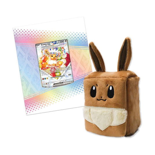 Eevee-themed plush deck box and promo card from the Prismatic Evolutions - Super Premium Collection, ideal for Pokémon TCG storage.