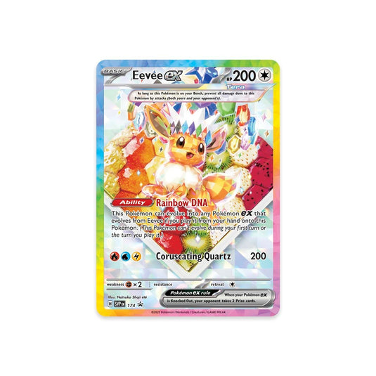 Full-art foil promo card of Eevee ex from the Prismatic Evolutions - Super Premium Collection with vibrant rainbow crystal design.