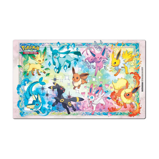 Colorful playmat featuring Eevee and all its Evolutions from the Prismatic Evolutions - Super Premium Collection for Pokémon TCG gameplay.