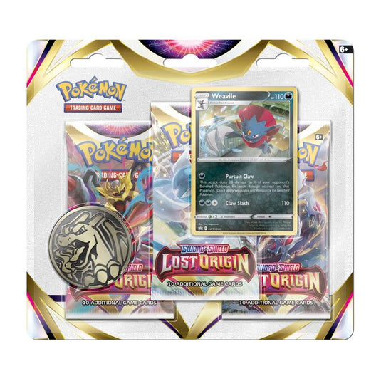Lost Origin - 3 Pack Blister featuring 3 Pokémon TCG booster packs, a Weavile promo card, and a silver Pokémon coin in collectible packaging.