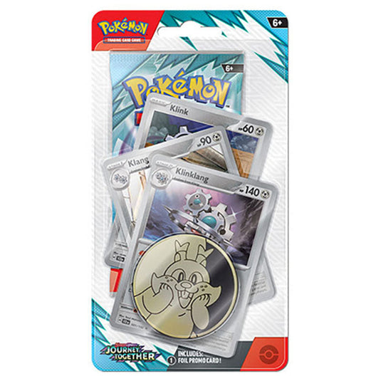 Journey Together - Premium Checklane Blister featuring Klink, Klang, and Klinklang Pokémon cards, a Pikachu coin, and a Scarlet & Violet booster pack.