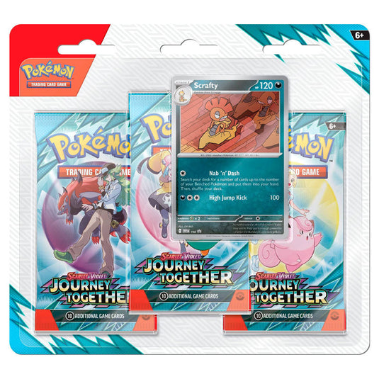 Journey Together - 3 Pack Blister featuring 3 Scarlet & Violet booster packs and a Scrafty promo card. Ideal for Pokémon TCG collectors and players.