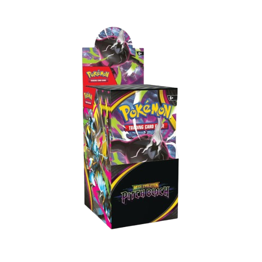 A Pokémon TCG booster box display stand featuring colorful character artwork and the Pokémon logo, shown on a plain white background.